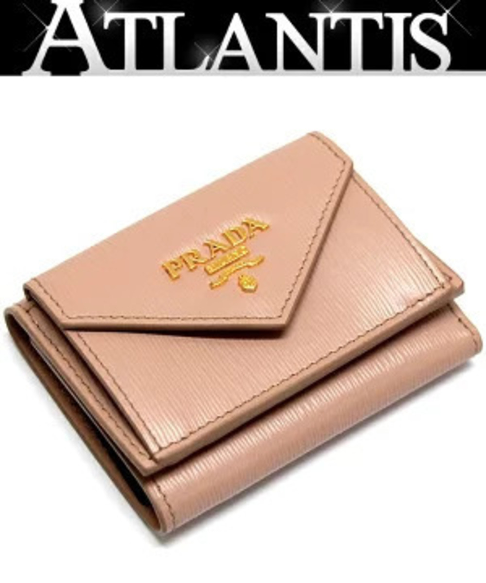 Prada compact trifold wallet leather pink Beige Cream